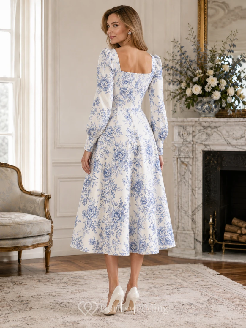 Vestido de invitada de tafetán con cuello cuadrado y mangas abullonadas, estampado floral blanco y azul. view 2
