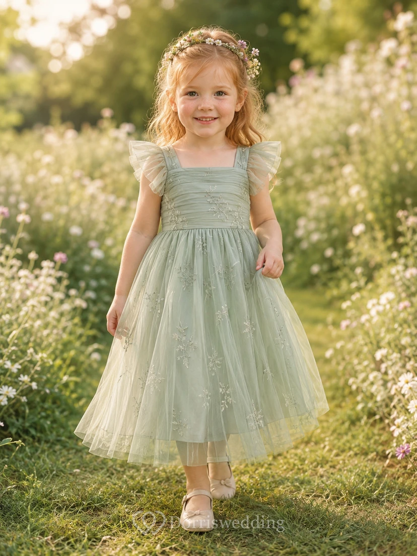 Sage Flower Girl Dress Tea-Length A-Line Square Neck Ruched Tulle Flutter Sleeve Embroidered Vine