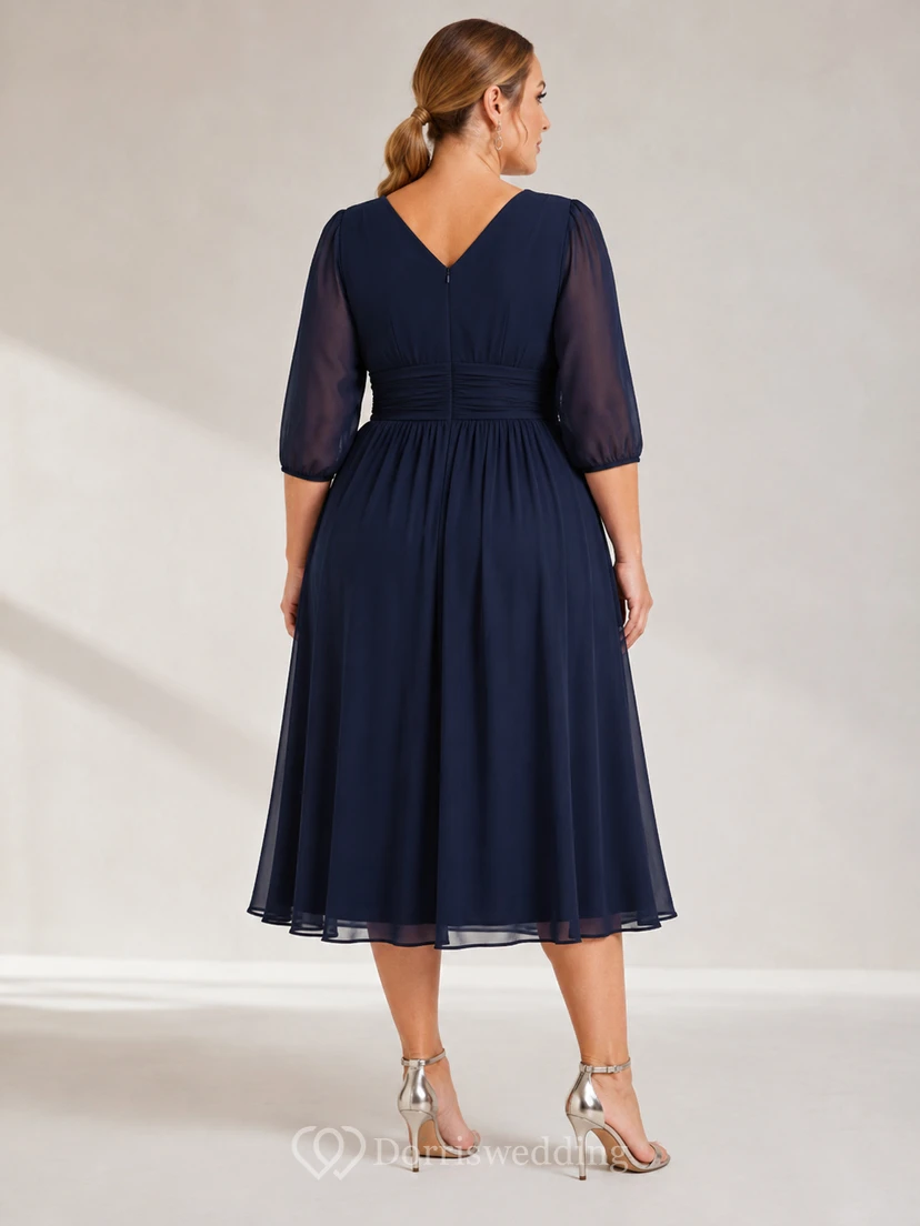 Dark Navy Curve Friendly V Neck Chiffon Three Quarter Sleeve Tea Length A Line Dress view 2
