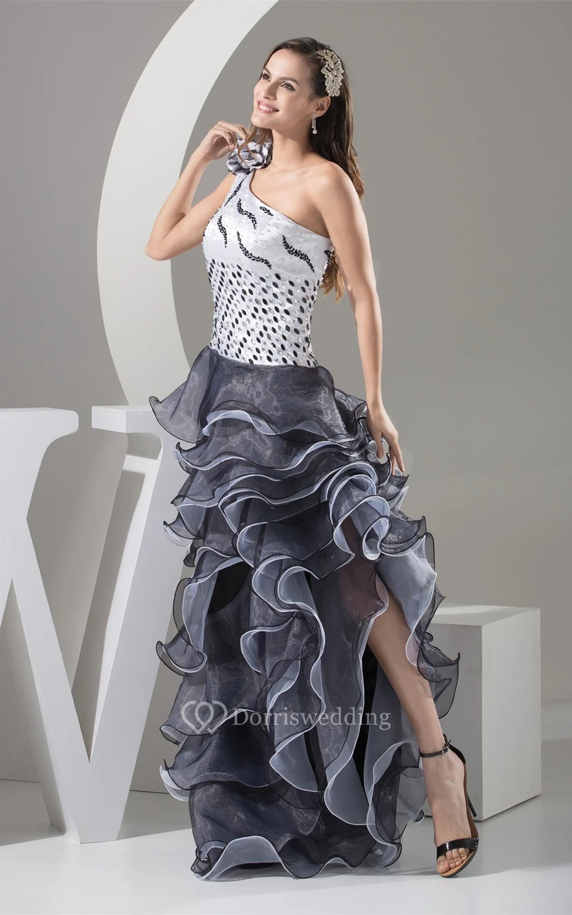 Flowered One Shoulder Floor Length A-Line Sleeveless Gown With Cascading Ruffles and Sequins view 4