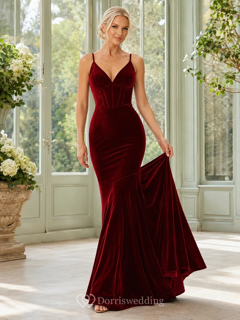 Burgundy Spaghetti Strap Velvet Mermaid Sweep Train Dress