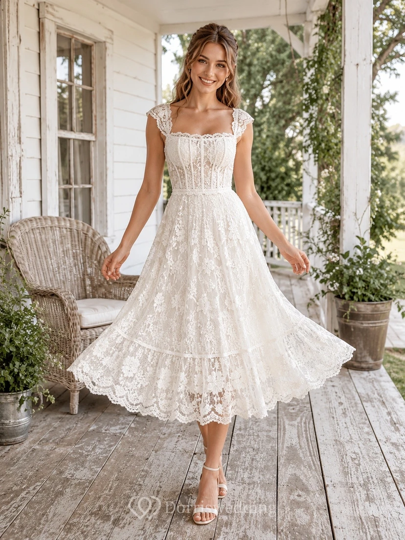Vestido de novia rústico de manga corta con tirantes de encaje y escote corazón, largo hasta la rodilla