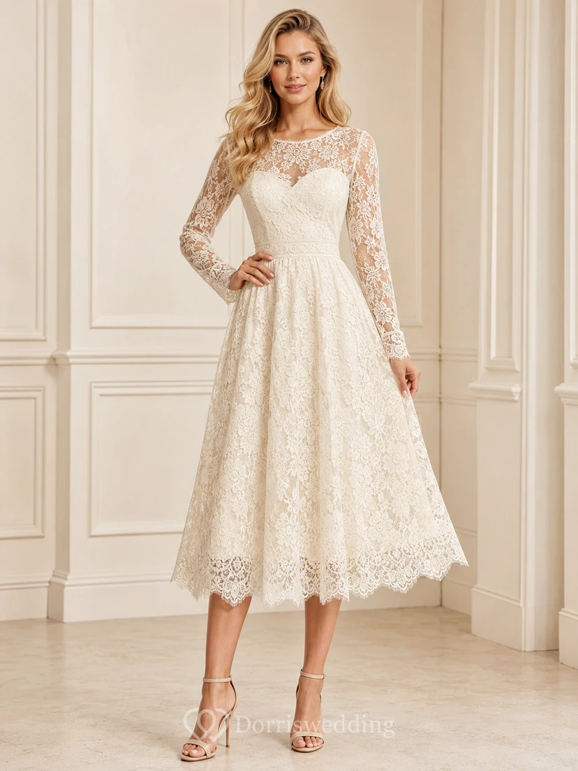 Ivory Bateau Sweetheart Long Lace Sleeve A-Line Tea Dress Garden