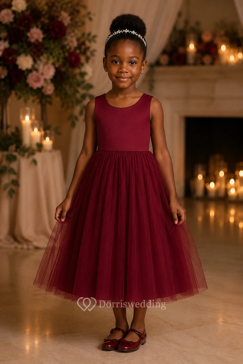 Purple Scoop-neck Sleeveless Satin A-line Tulle Flowergirl Dress view 5