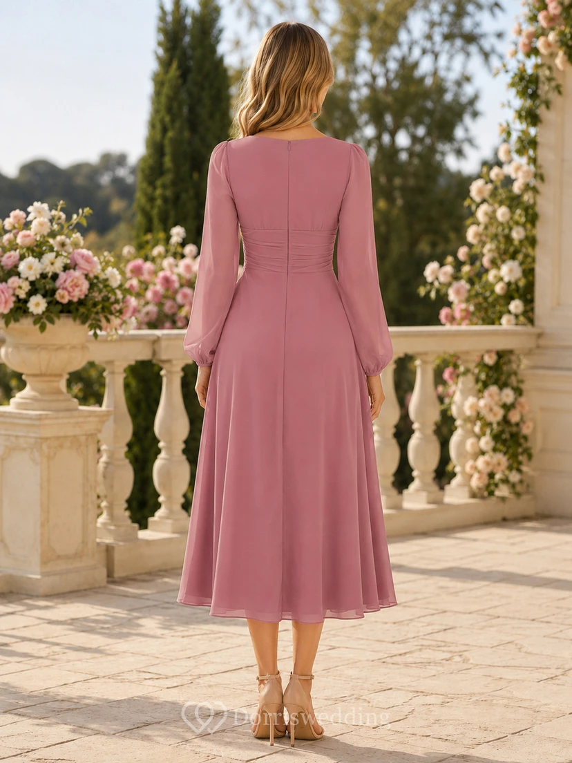 Altrosafarbenes, langärmeliges Midikleid aus Mesh view 2
