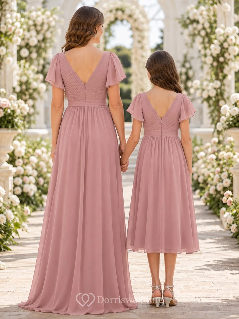 Elegantes Brautjungfernkleid in Altrosa, A-Linie, V-Ausschnitt, kurze Ärmel view 2