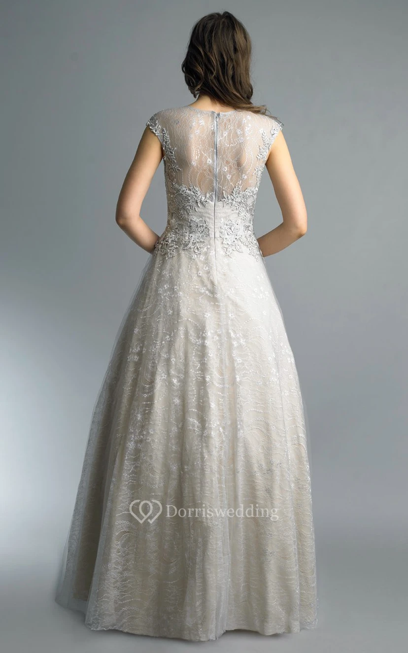 A-line Floor-length High Neck Short Sleeve Lace Illusion Dress view 8