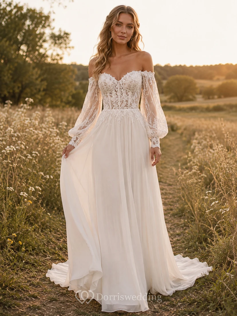 Boho Off Shoulder Lace Bishop Sleeve A-Line Wedding Dress