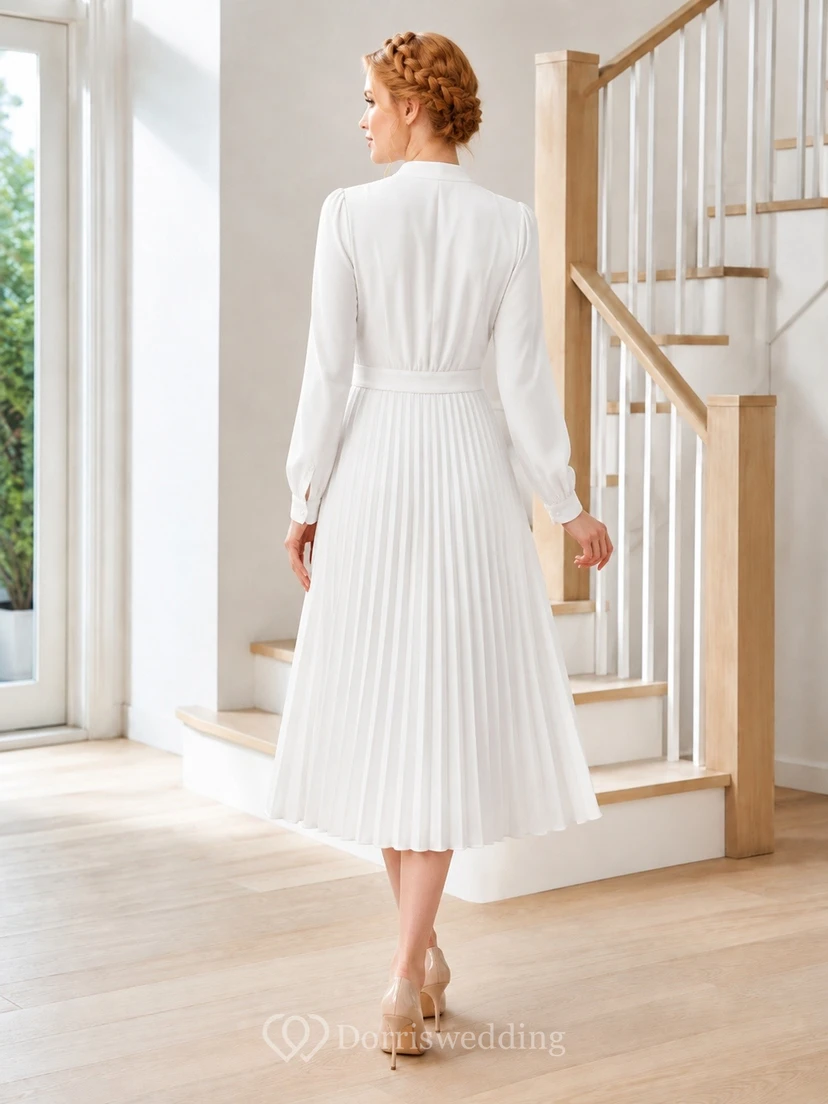 White Chiffon High Neck Long Sleeve Pleated Tea-Length Modest A-Line Dress view 2