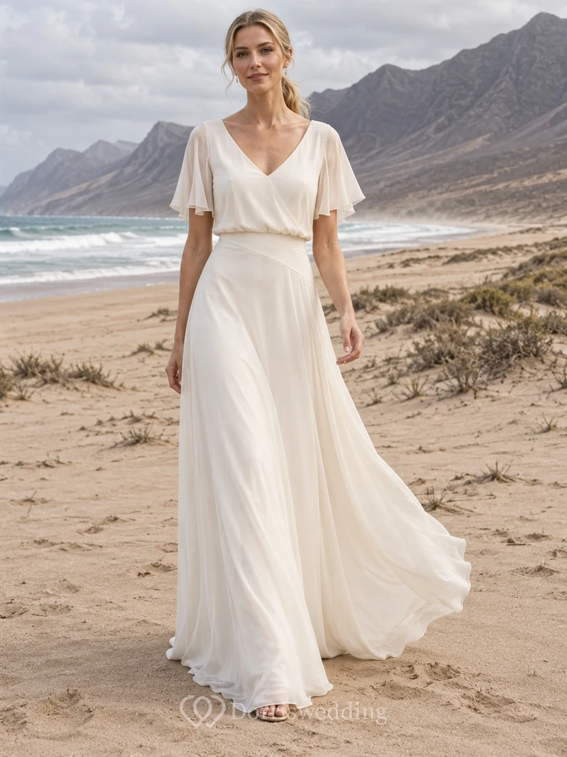 Vestido de novia sencillo de georgette con escote en V, corte en A, mangas cortas y cola.