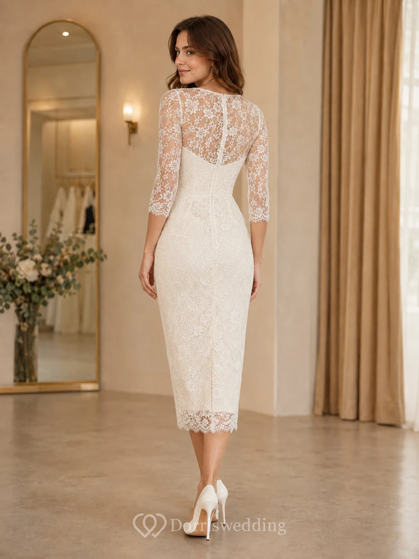 Modest Jewel Neck Three Quarter Lace Sleeve Sheath Tea Length Civil Wedding Dress view 2