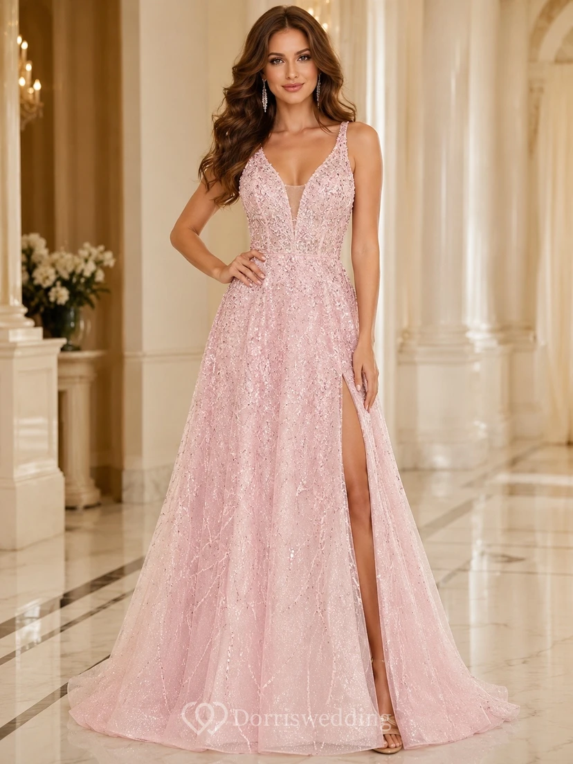 Sexy Elegant V Neck Glitter A Line Split Floor Length Formal Gown