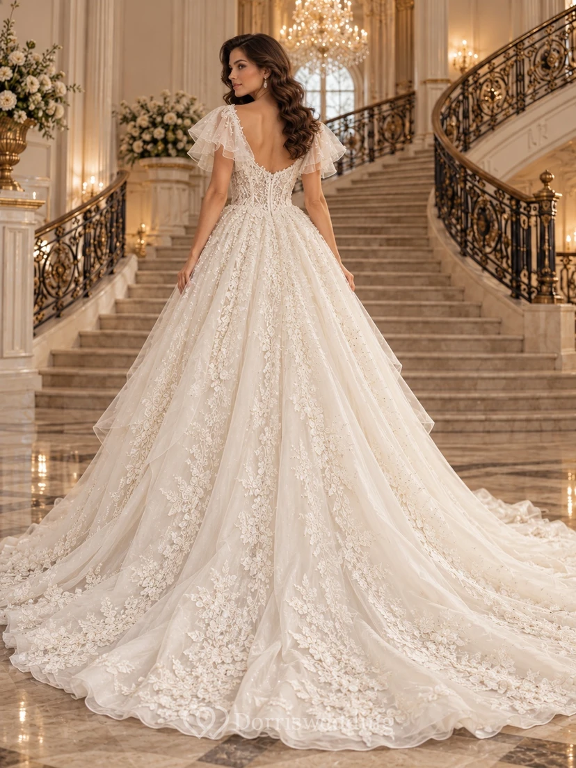 Romantic Flutter Sleeve Sweetheart Floral Lace Full A-line Wedding Dress view 2