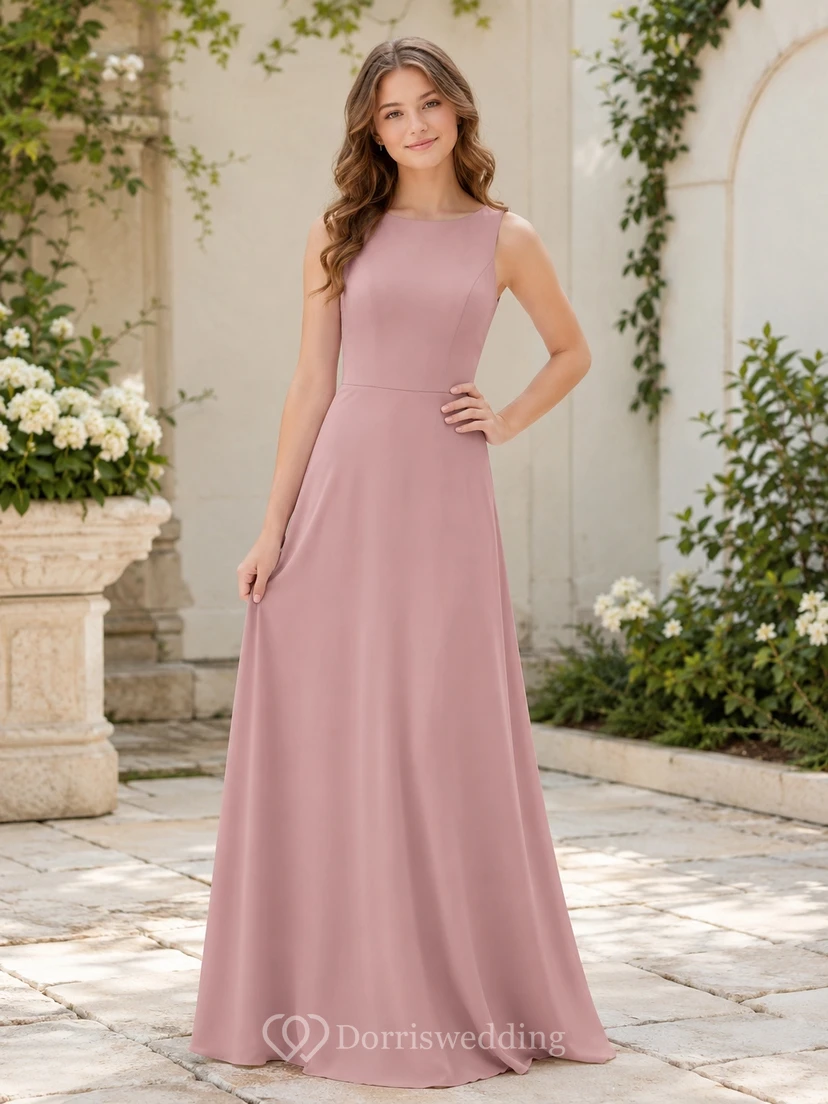 Vestido de dama de honor juvenil color rosa empolvado, corte ajustado, sin mangas, con detalles de joyas, elegante.
