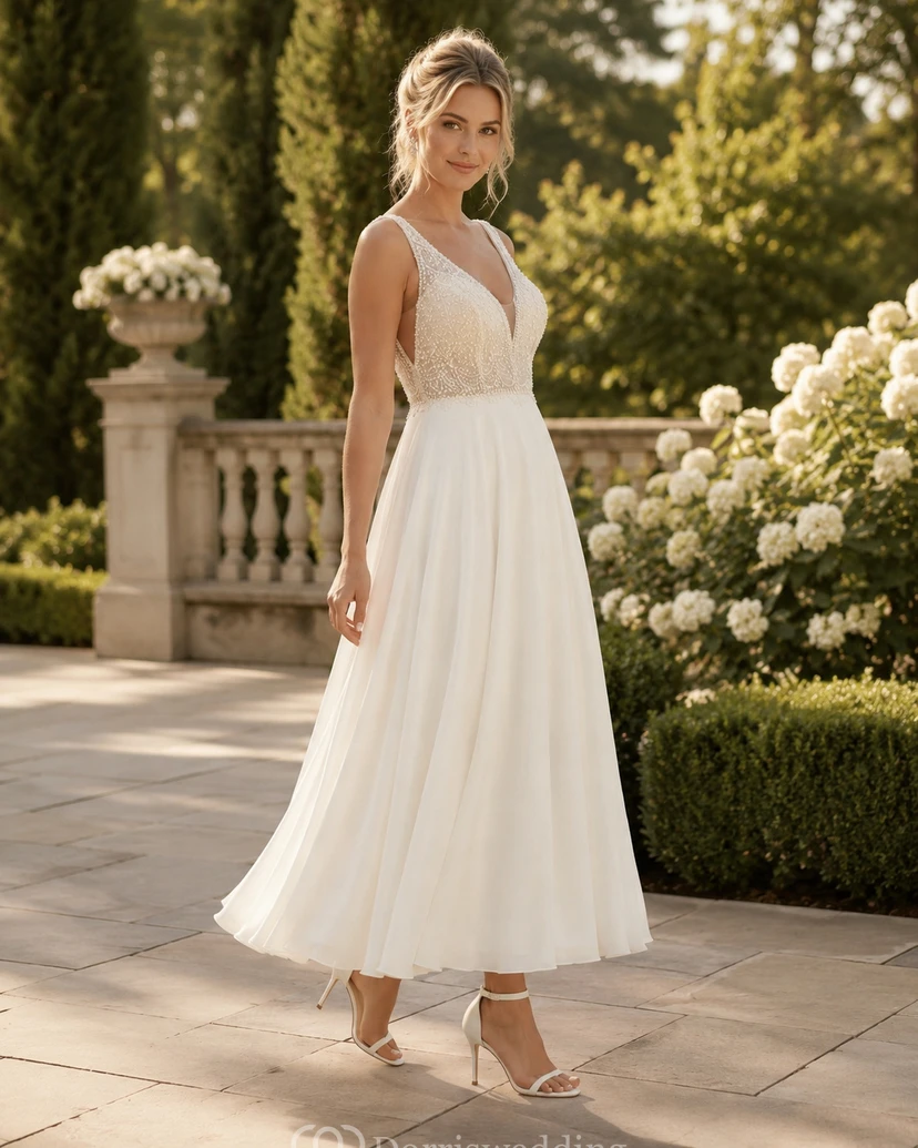 Robe de mariée mi-longue à corsage perlé, col en V, en mousseline, coupe trapèze, idéale pour la plage view 9
