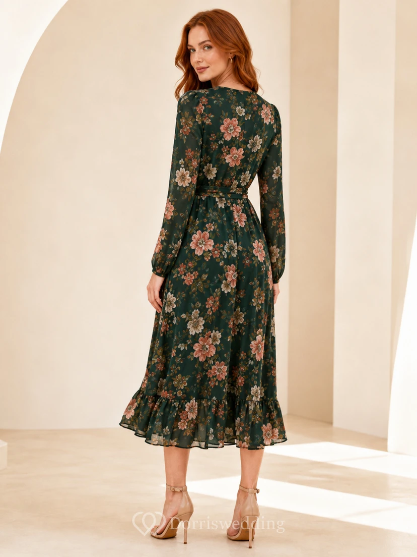 Robe midi portefeuille à manches longues vert foncé à fleurs view 2