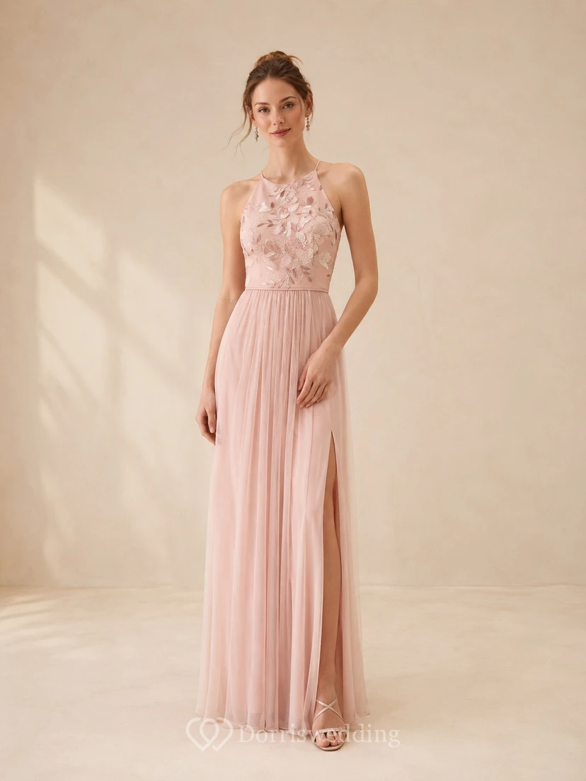 Rosafarbenes, perlenbesetztes, plissiertes Chiffon-A-Linien-Kleid in Bodenlänge für festliche Anlässe