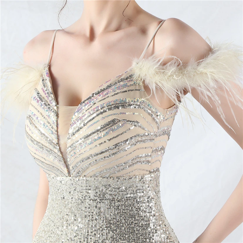 Elegantes Abendkleid mit Straußenfedern und Perlen, sexy, lang, mit Trägern und Schlitz view 28