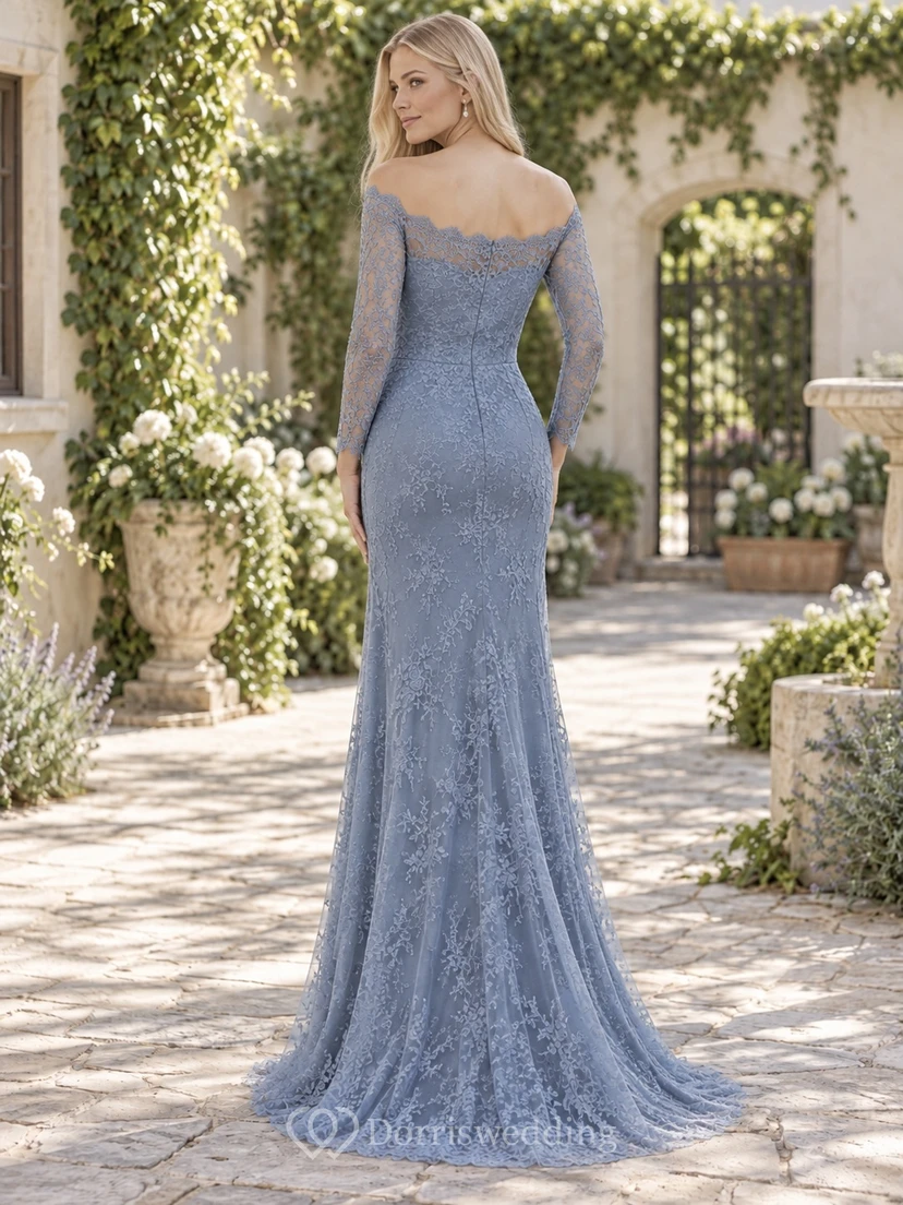 Vestido de dama de honor vintage azul sirena con hombros descubiertos y mangas largas de encaje view 2
