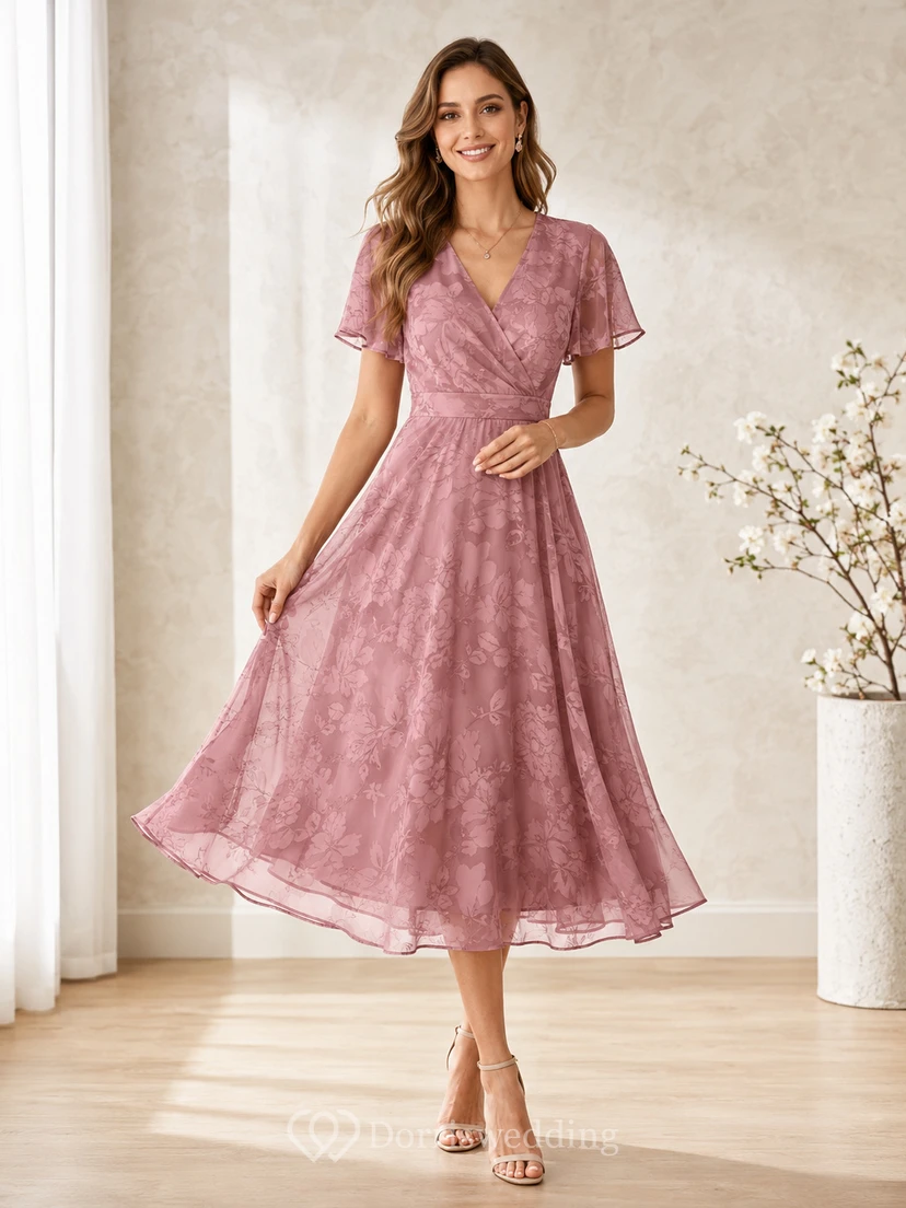 Vestido de noche de largo midi, color rosa empolvado, con escote en V, mangas tipo pétalo, encaje, gasa y pliegues.