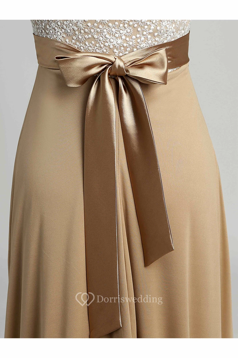 A-line Bateau Cap Short Sleeve Floor-length Jersey Lace Dress view 11