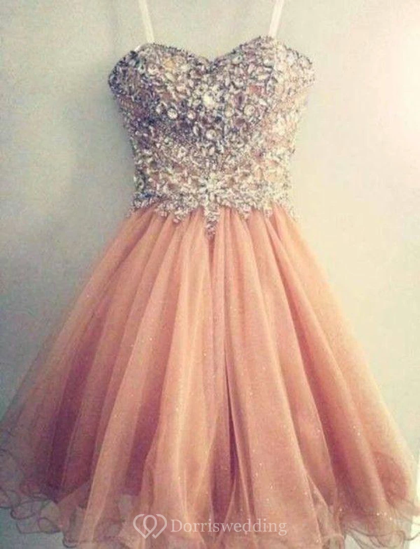 Gorgeous Sweetheart Spaghetti Strap Homecoming Dress Beadings Crystals Short Prom Gowns