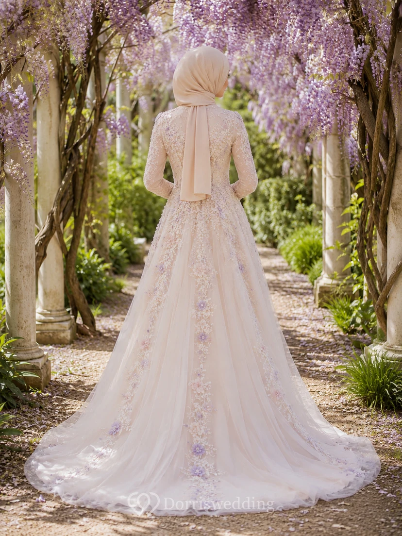 Modest Muslim Floral Lace Long Sleeve Chapel Train Wedding Dress view 2