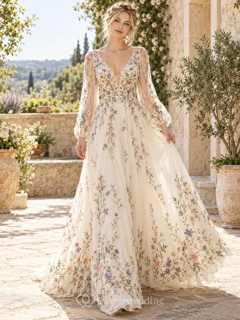 Floral Long Sleeve V-neck Embroidered Tulle A-line Train Wedding Dress