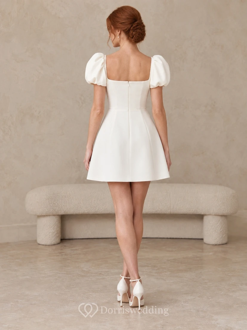Short Simple Square Neck Puff Sleeve Satin A-line Wedding Dress view 2