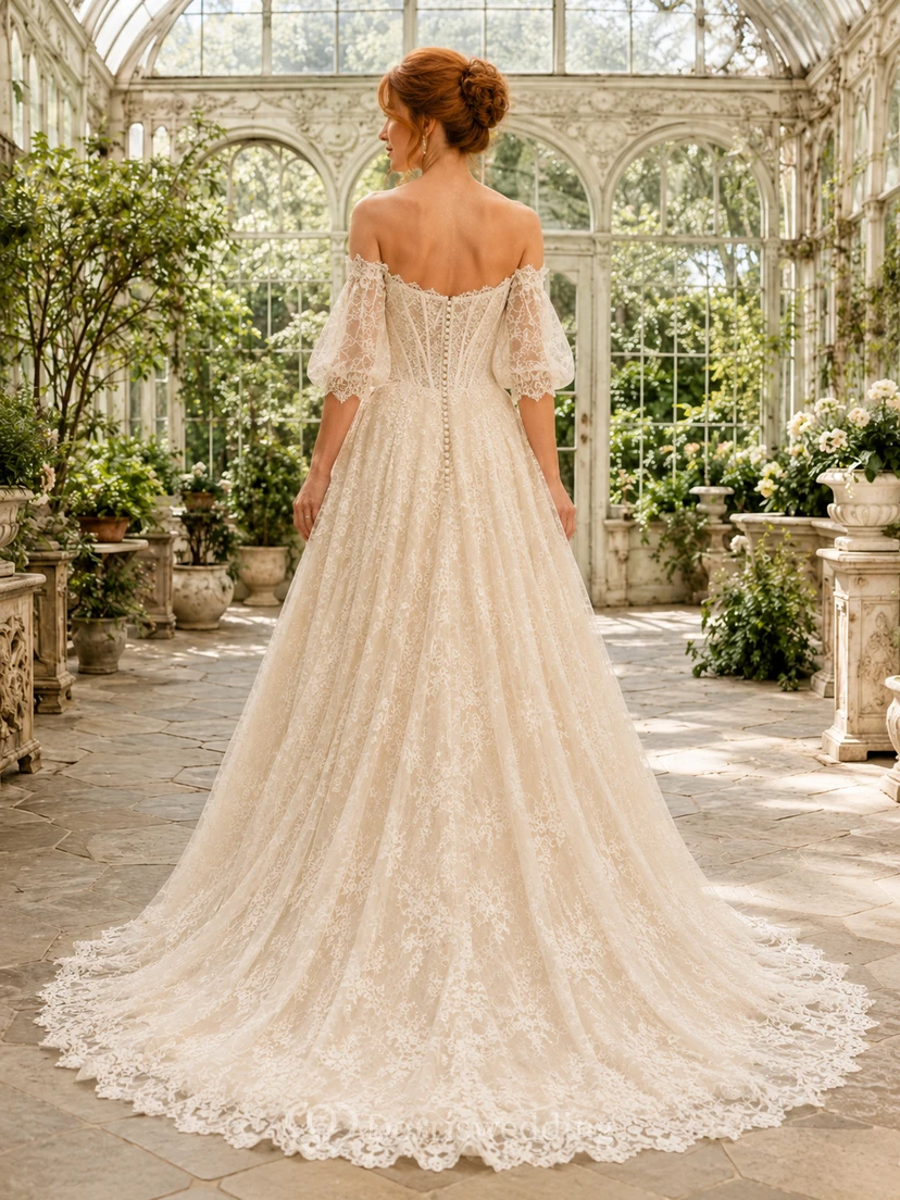Bohemian Off Shoulder Sweetheart Lace Bell Sleeve A-Line Sweep Train Wedding Dress view 2