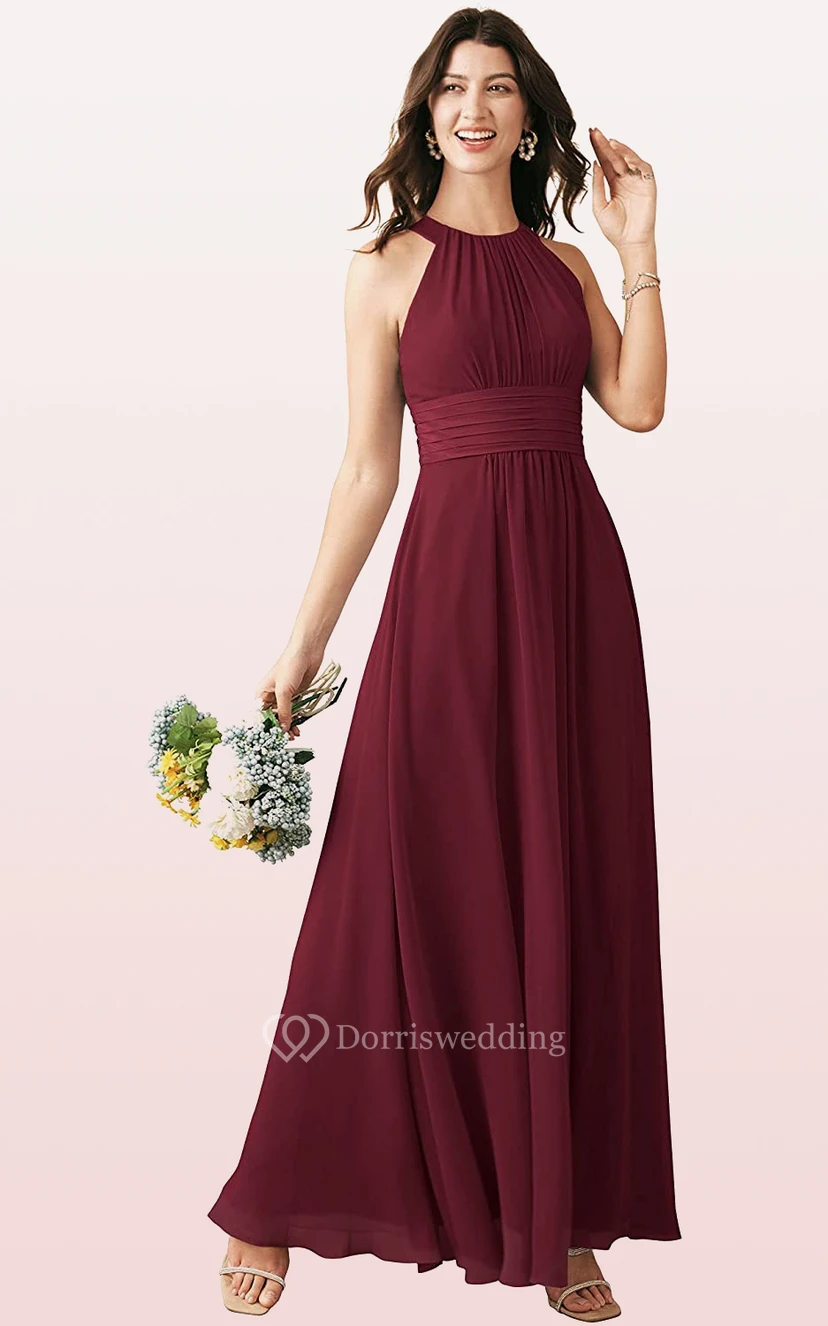 Halter A Line Sleeveless Ankle-length Chiffon Bridesmaid Dress With Ruching view 15