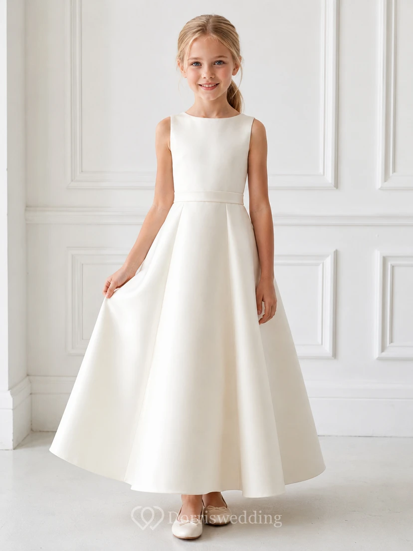 Vestido de niña de las flores, blanco, satén, corte en A, sin mangas, cuello joya, largo midi, detalle de lazo.
