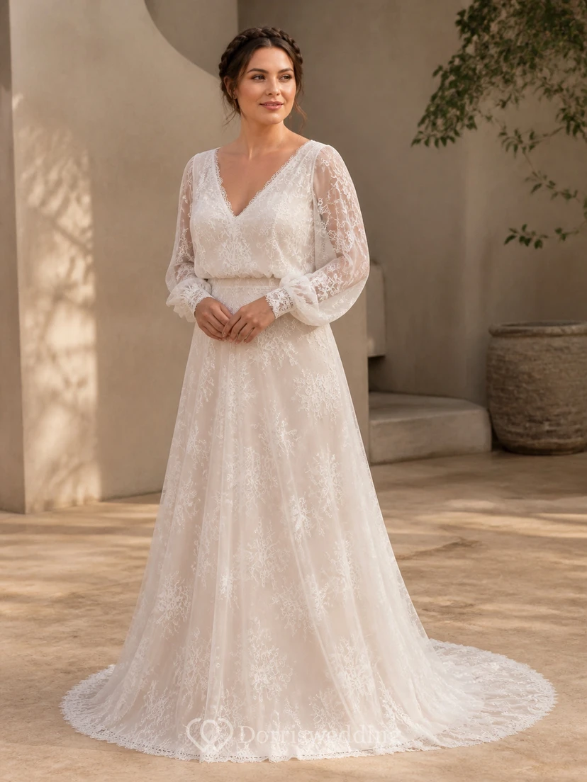 Vestido de novia bohemio de manga larga, corte en A, escote en V, encaje y cola capilla