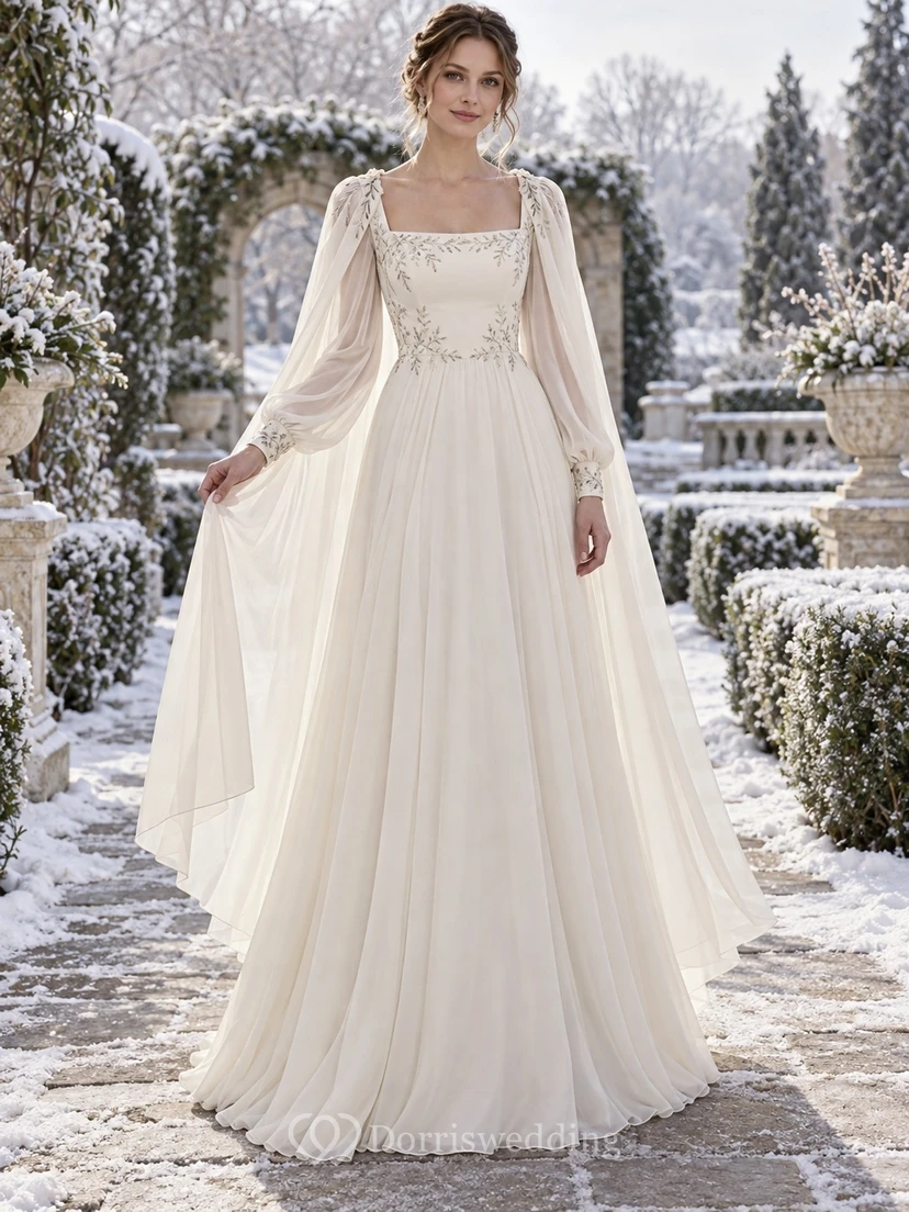 Langärmeliges, eckiges Chiffon-Spitzen-A-Linien-Hochzeitscape-Kleid mit Cape, das an einem eckigen Ausschnitt erinnert