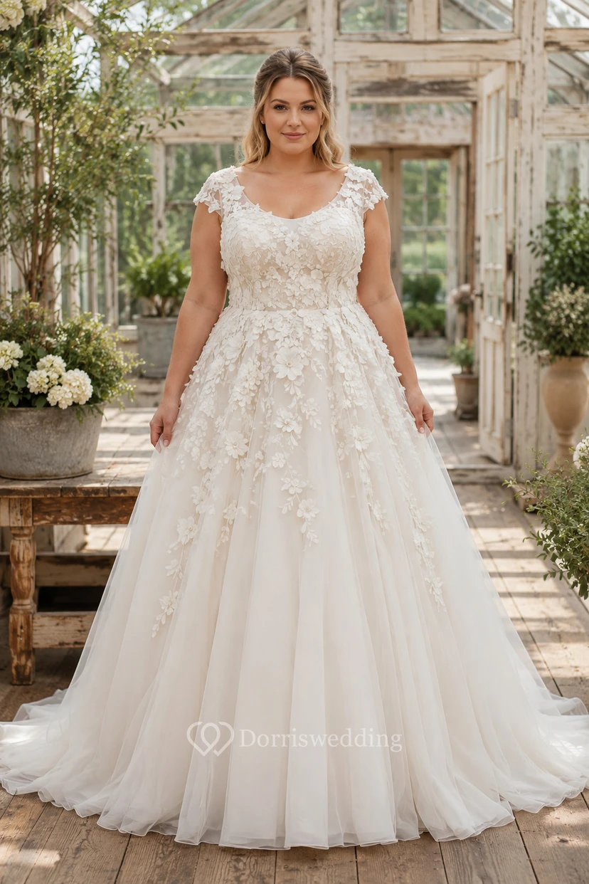 Brautkleid in Übergröße, elfenbeinfarben, mit kurzen Ärmeln, Spitze, A-Linie und Tüllrock
