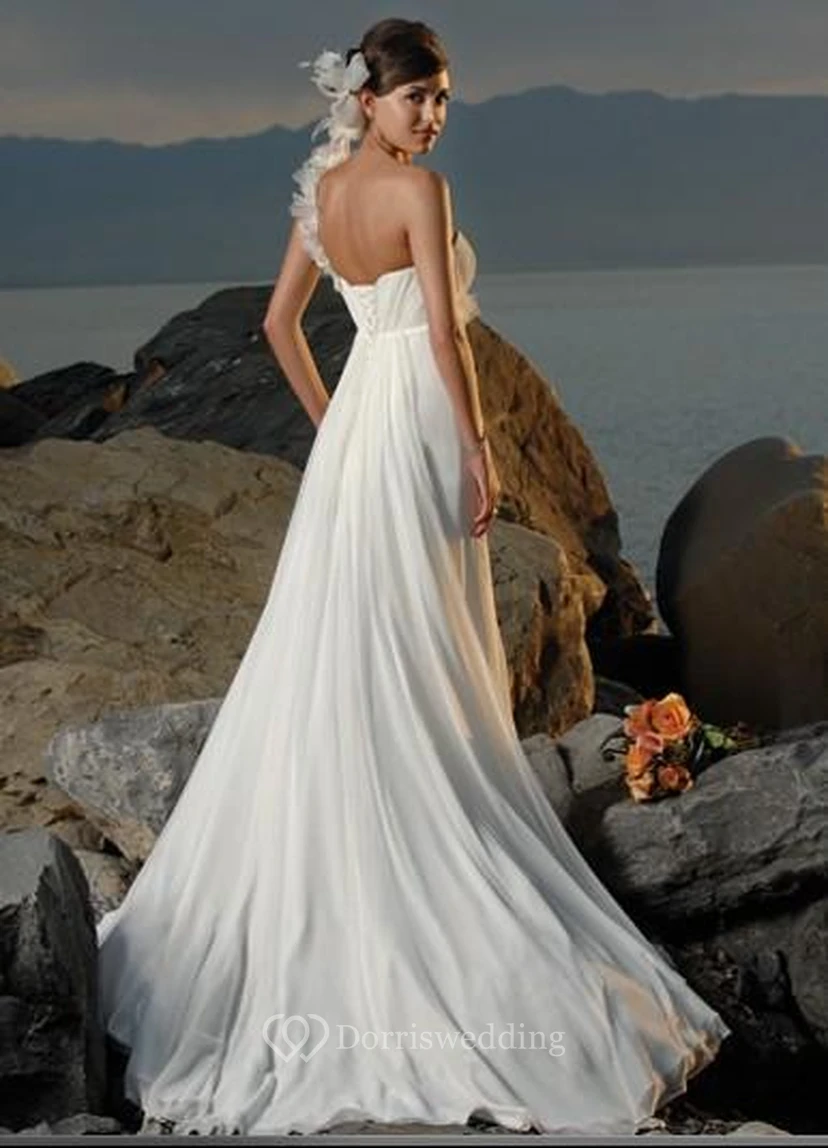 sheath One Shoulder Hand Made Flowers Chiffon Wedding Dress view 2