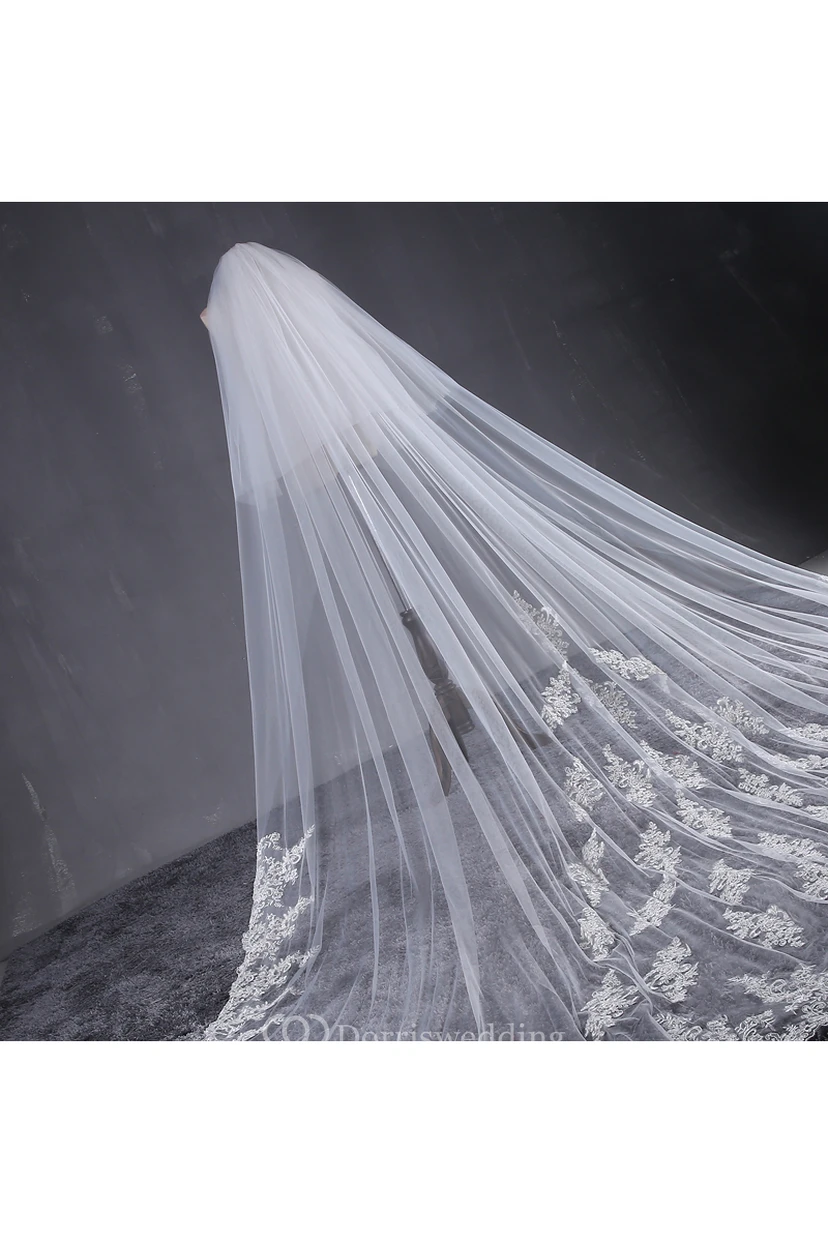 Ethereal Cathedral Tulle Wedding Veil with Lace Appliques view 2