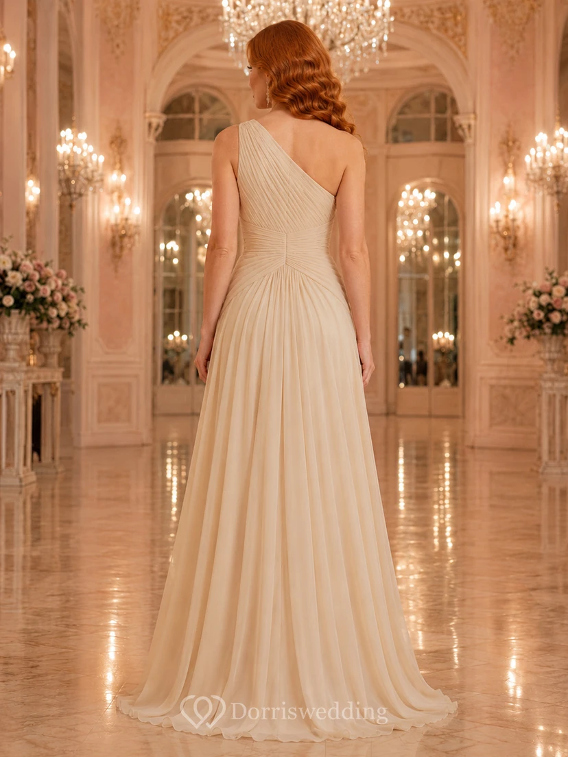 Champagnerfarbenes Chiffon-Abendkleid mit One-Shoulder-Ausschnitt und A-Linie view 2