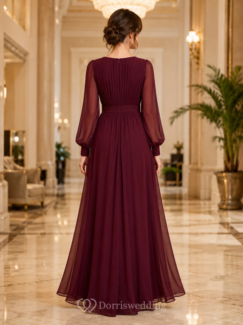 Burgundy Pleated Long Sleeve Modest Chiffon Formal Gown view 2