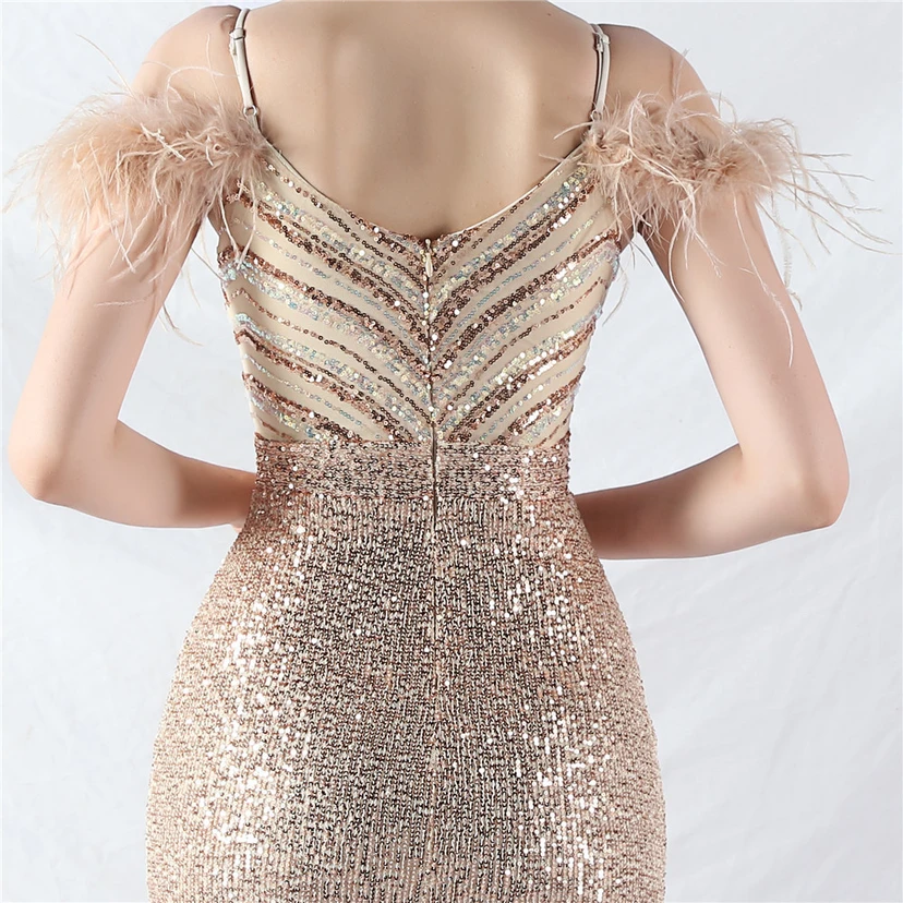 Elegantes Abendkleid mit Straußenfedern und Perlen, sexy, lang, mit Trägern und Schlitz view 17