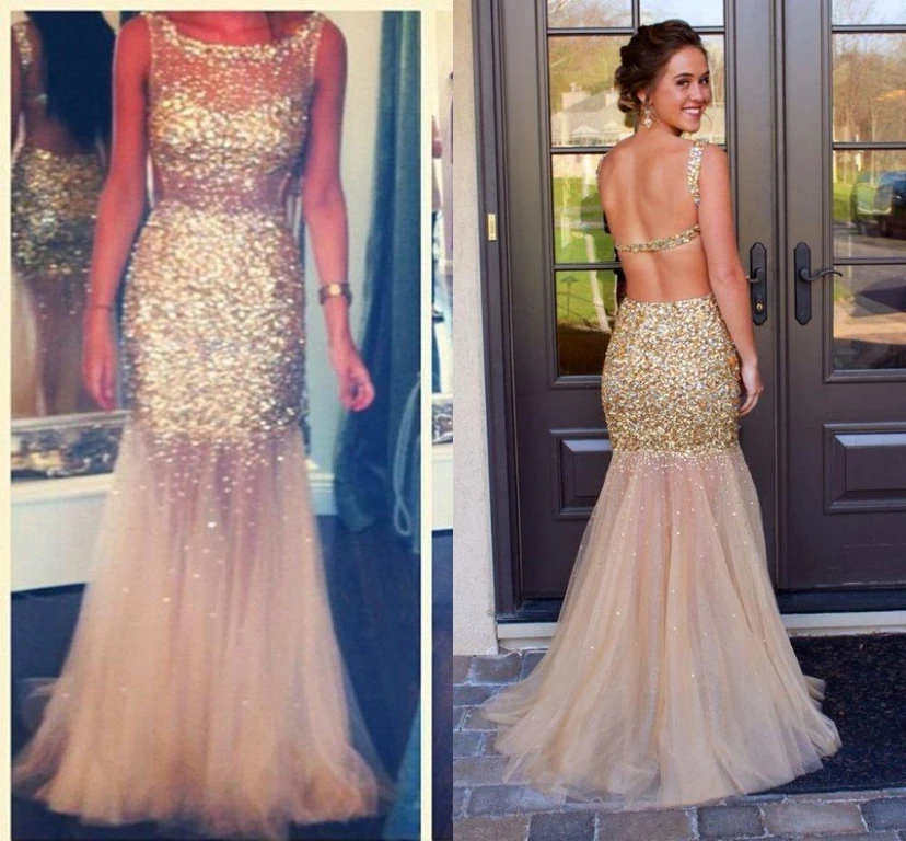 Glamorous Sleeveless Crystal Prom Dresses Mermaid Backless Tulle Evening Dress view 2