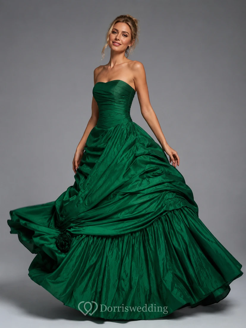 A-Line Maxi Sweetheart Pleats Zipper Lace-Up Back Lace Taffeta Dress view 3