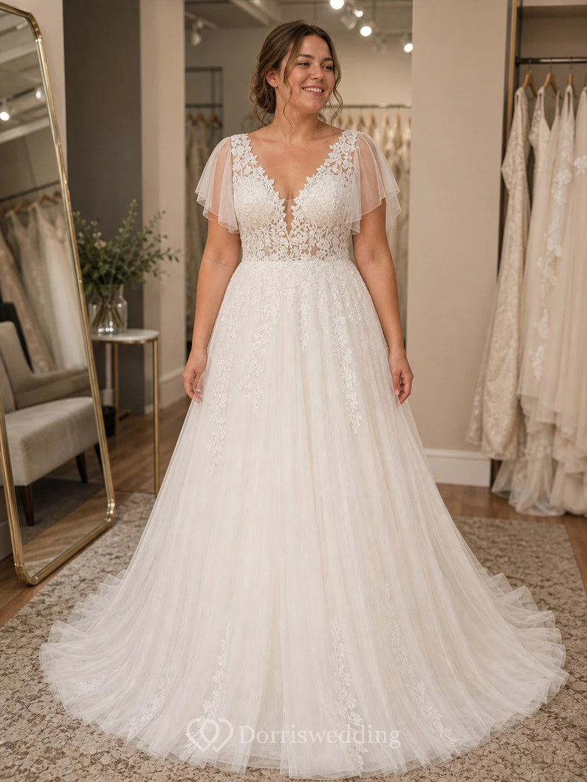 Robe de mariée bohème trapèze avec manches papillon et corsage en dentelle view 8