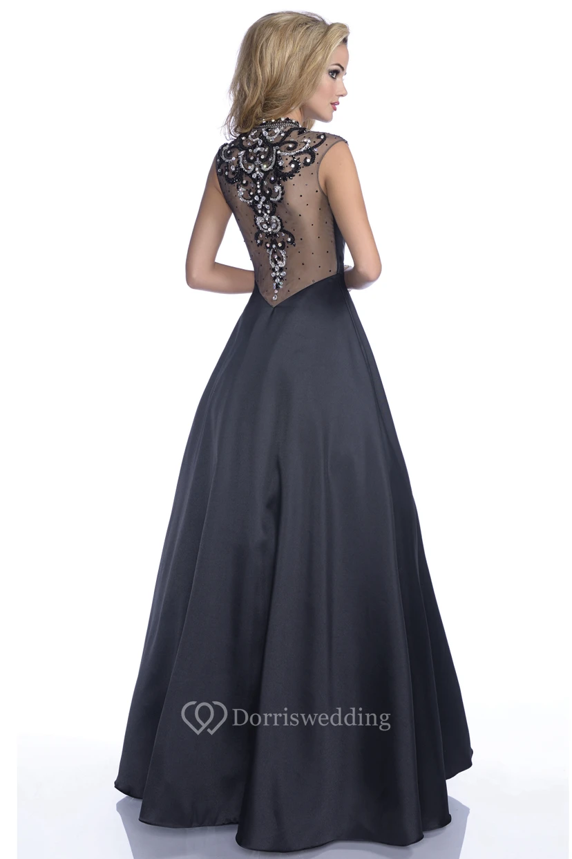 A-Linien-Abendkleid mit Rundhalsausschnitt, kurzen Ärmeln und Strasssteinen am Rücken view 2