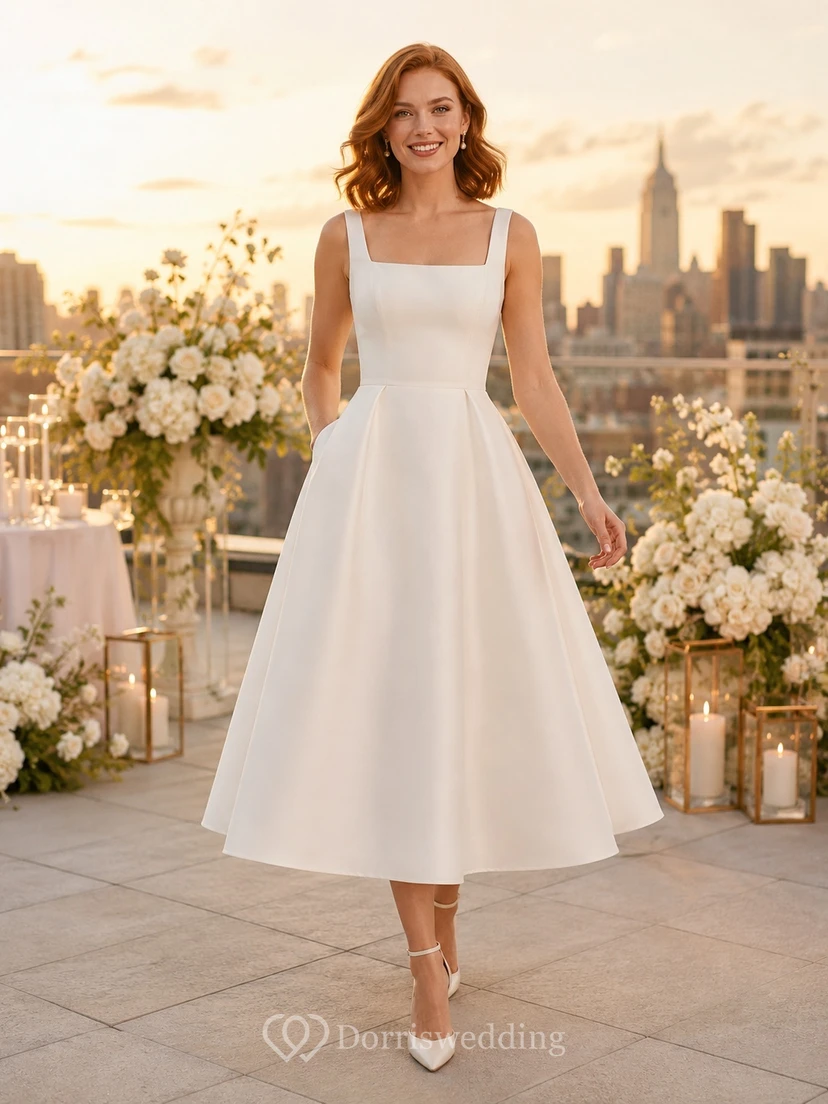 Simple Square Neck Strap Satin A-Line Tea-Length Civil Courthouse Wedding Dress