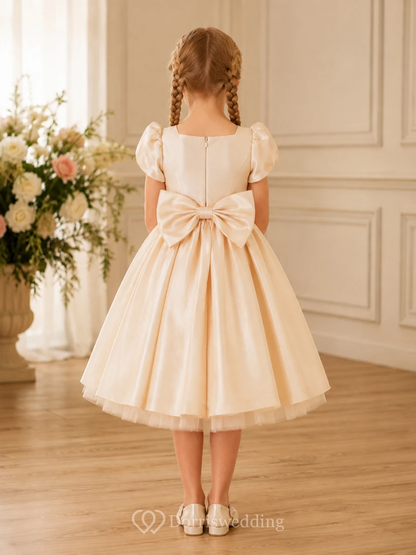Bow Back Tulle A-Line Flower Girl Dress with Jewel Neck and Tea-Length Skirt view 2