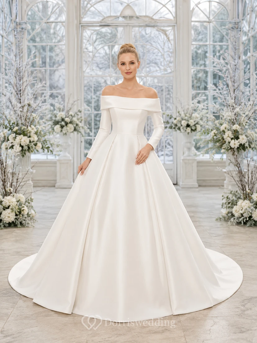 Robe de bal élégante en satin à épaules dénudées et manches longues, avec traîne chapelle, idéale pour un mariage d'hiver