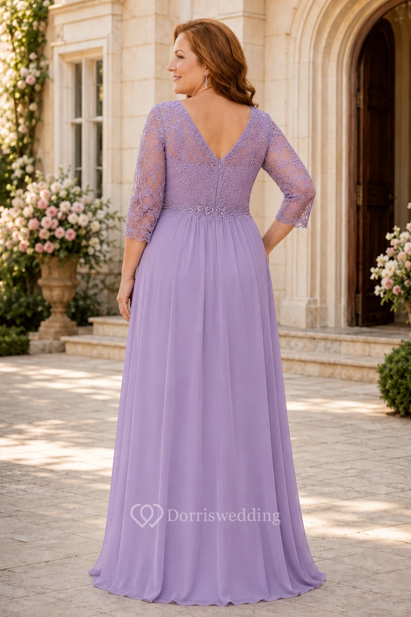 MOB Dress Wisteria Chiffon Lace A-Line 3/4 Sleeve V-Neck Floor Length Pleated view 2