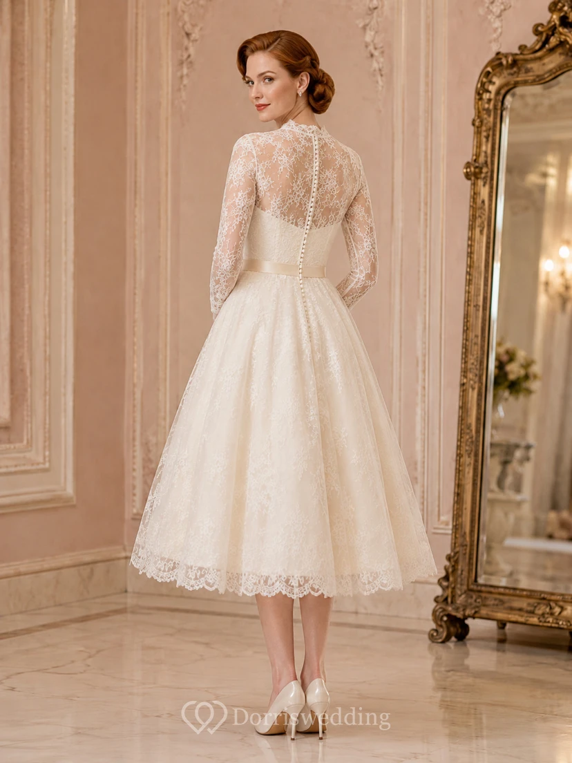 Vestido de novia formal vintage de largo midi, estilo barco, con mangas largas de encaje y estilo modesto. view 2