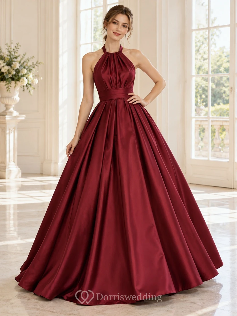 Robe de bal bordeaux dos nu en satin froncé sans manches